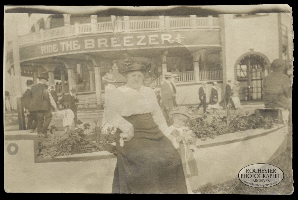 The Breezer, c.1916 - L.A. Thompson's Scenic Railway - Located at Ontario Beach Park, it was first called the 'Russian Railway' and later became 'The Breezer'. The park and ride closed on Labor Day 1919. Reproduced from 2¾” x 4” photograph.